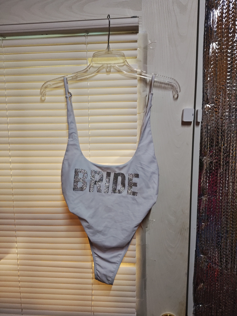 White 'BRIDE' One-Piece Swimsuit with Silver Glitter